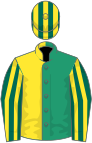 Emerald green and yellow halved, dark green and yellow striped sleeves and cap