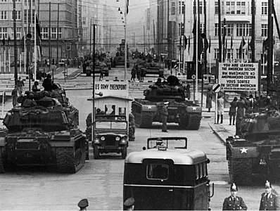 American tanks face off against Soviet tanks at Checkpoint Charlie, Berlin, 1961.