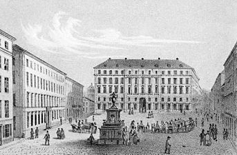 Brunkebergshotell 1858. Till vänster de la Coix och Dybeckska huset.