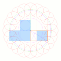 「半径 2 の正円」（緑色）と「辺の長さが 1 と φ の黄金長方形」（橙色）を活用すると図のように当該正円の円周を20等分する点を求めることができる。