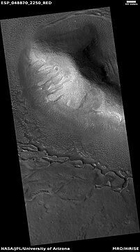 Wide view of upper plains unit eroding into hollows, as seen by HiRISE under HiWish program. Parts of this image are enlarged in following images.