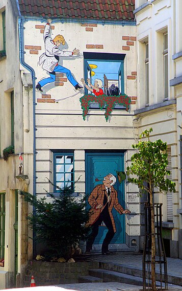 Mur peint à l'effigie de Ric Hochet et du commissaire Bourdon, rue du Bon Secours à Bruxelles.