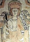 Väggmålning i Dädesjö kyrka av en man med krona och namnet "Canutus" (Knut på latin).