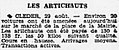 Article de journal évoquant la vente de la récolte des artichauts à Cléder en 1938.