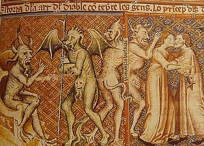 Demonios bajo órdenes de su amo Lucifer, anima a la gente a la lujuria. De Matfre Ermengau en el Breviari d'amor 1288