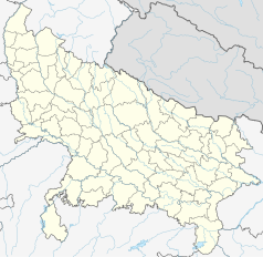 Mapa konturowa Uttar Pradesh, po lewej nieco u góry znajduje się punkt z opisem „Aligarh”