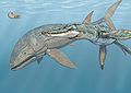 Pliosaurus (dde) yn bwlio Leedsichthys.