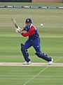 The popping crease is visible here, with England's Marcus Trescothick playing a shot that has involved him moving forward over his own crease to intercept the ball. In taking a successful run, he must ground his bat behind the corresponding crease at the other end of the pitch, and his batting partner must in turn ground himself behind Trescothick's crease.[5] Should Trescothick have ventured beyond his crease in playing his shot, he risked being stumped.[4][5]