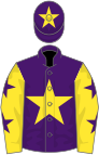 Purple, yellow star, yellow sleeves, purple stars, purple cap, yellow star