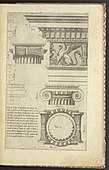 Ilustrație a frizei și cpitelului ionic din trei unghiuri, din Regola delli cinqve ordini d'architettvra (1563), de Jacopo Barozzi