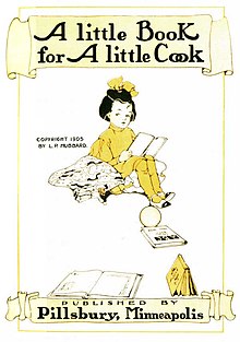 Title page of "A Little Book for A Little Cook" showing, between the title in and the publisher's credit, a colour drawing of a little girl wearing a yellow dress and a yellow bow in her hair, sitting down and reading a pamphlet with other books scattered at her feet.