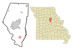 阿什蘭在布恩縣及密蘇里州的位置（以紅色標示）