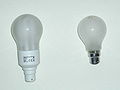 A CFL designed to resemble an incandescent bulb. An incandescent bulb is shown on the right for comparison.