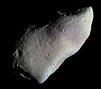 951 Gaspra is the first asteroid to be imaged in close-up, imaged by Galileo (spacecraft) on 29 October 1991 (enhanced color)