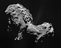 Image 18 67P/Churyumov–Gerasimenko Photograph: ESA/Rosetta/NAVCAM A black-and-white photographic mosaic depicting the comet 67P/Churyumov–Gerasimenko, as photographed by the probe Rosetta. This Jupiter-family comet, which was originally from the Kuiper belt, is about 4.3 km (2.7 mi) across, has a current orbital period of 6.45 years, a rotation period of approximately 12.4 hours, and a maximum velocity of 135,000 km/h (38 km/s; 84,000 mph). It was first observed on photographic plates in 1969 by Soviet astronomers Klim Churyumov and Svetlana Gerasimenko, after whom it is named. More selected pictures