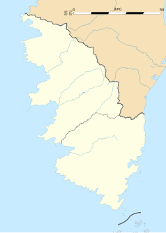 Mapa konturowa Korsyki Południowej, w centrum znajduje się punkt z opisem „Cauro”