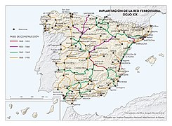 Mapa de implantación de la red ferroviaria (1848-1900).