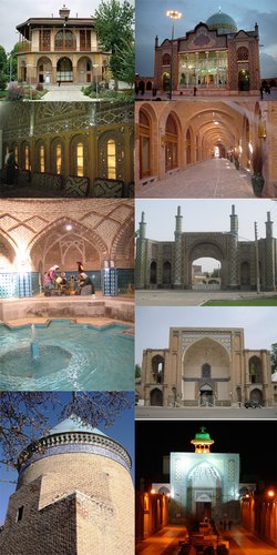 Left:Chahel Stoun Palace, Aminiha Hosseiniyeh, Anthropology Qajar Bath Musume, Tomb of Hamdollah Mostofi, Right:Shazdeh Hosein Shrine, Caravanserai of Sa'd al-Saltaneh, Qazvin Ghadim Gate, Qazvin Jameh Mosque, Al-Nabi Mosque of Qazvin (all items were from above to bottom)