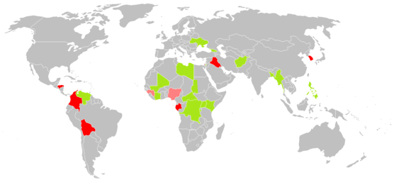 Map of countries where the ICC is currently investigating situations.
