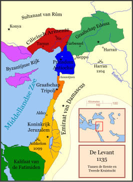 Kaart van het Vorstendom Antiochië (blauw) en omliggende kruisvaardersstaten in 1135