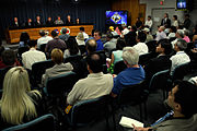 May 2008, The media fill the NASA's News Center television studio for a news conference with key NASA personnel following the successful launch of space shuttle Discovery on the STS-124 mission.