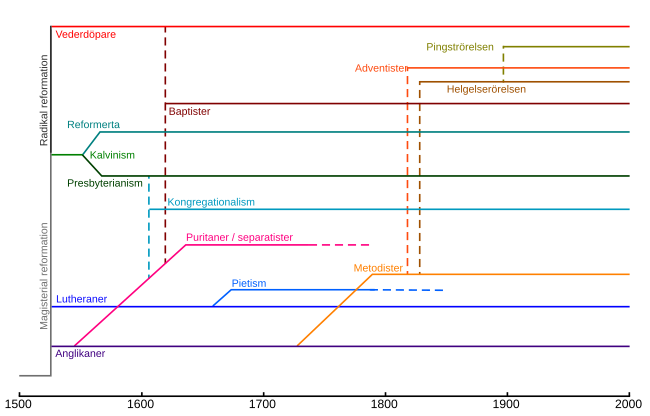 Tidsdiagram som visar huvudsakliga grenar och rörelser inom protestantismen