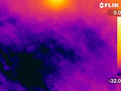 Atmospheric temperatures responsible for ice crystals around 22° halo, as viewed through a thermal camera (°C). The halo itself is not present in the thermal spectrum. The Sun is partially visible at the top of the image.