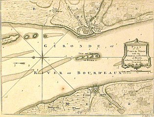 Carte de l'estuaire de la Gironde et son système défensif, appelé « verrou », entre la citadelle de Blaye, le Fort Pâté et le Fort Médoc