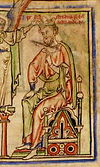 Image of Æthelred II with an oversize sword from the illuminated manuscript "The Chronicle of Abingdon"