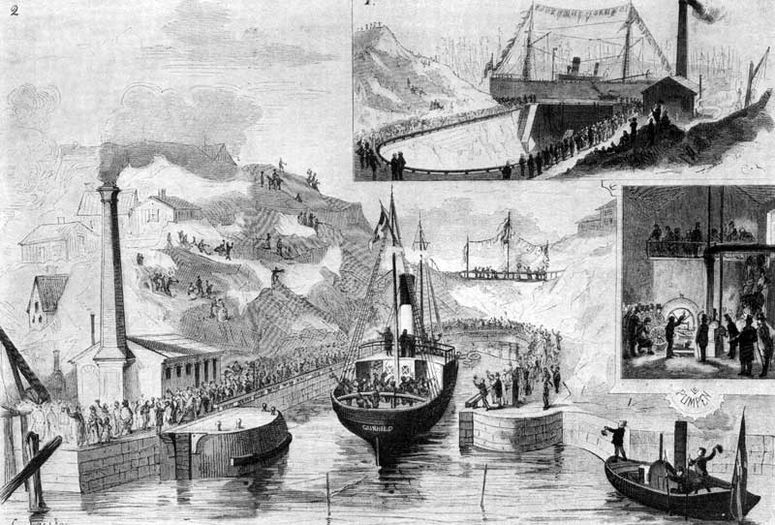 Invigningen av torrdockan den 13 november 1875. Illustrationer av Carl Larsson i Ny Illustrerad Tidning. Övre bilden: Dockan före fyllningen med ångaren Heimdall. Stora bilden: Kanonbåten Gunhild går in i dockan. Lilla bilden till höger: I pumphuset.