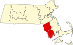 Mapa de Massachusetts con la ubicación del condado de Bristol