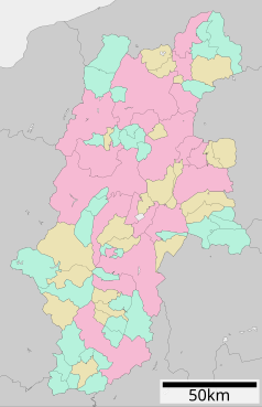 Mapa konturowa prefektury Nagano, u góry po prawej znajduje się punkt z opisem „Kanbayashi”