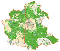 Mapa konturowa gminy Międzyrzecz, blisko centrum na prawo znajduje się punkt z opisem „Bobowicko”