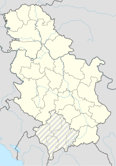 Mapa konturowa Serbii, na dole nieco na prawo znajduje się punkt z opisem „Kaluđerce”