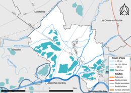 Carte en couleur présentant le réseau hydrographique de la commune