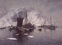 Gunnar Berg: Fiskebåter ved Reine