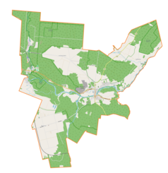Mapa konturowa gminy Inowłódz, na dole nieco na lewo znajduje się punkt z opisem „Brzustów”