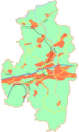 Hoofdverkeers-aders. De rode stippen aan zwarte (spoor)lijnen zijn spoorweg-haltes of-stations. De rode stippen aan blauwe lijn (A46) zijn afritten van deze Autobahn. De oranje lijnen zijn Bundesstraßen.