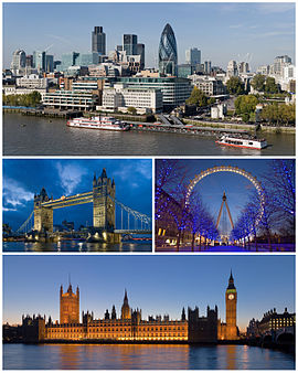 Dari kiri atas: Bandaraya London, Jambatan Tower dan Mata London, Istana Westminster