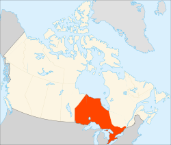 Zemljevid Kanade z označeno lego Ontarija