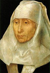 Hans Memling, Retrat d'una dona gran c. 1470. Museu de Belles Arts, Houston, Texas. Memling era un seguidor de Van der Weyden i va fer servir la seva distorsió de la representació natural per descriure els ideals de la bellesa.[34]