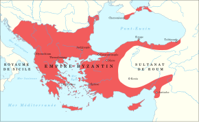 Carte représentant en rouge l'aire dominée par l'Empire byzantin