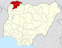 The Diocese of Sokoto includes all of Sokoto State (shown here in red) as well as portions of neighboring states of Zamfara, Kebbi and Katsina.