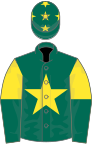 Dark green, yellow star, yellow and dark green halved sleeves, dark green cap, yellow stars