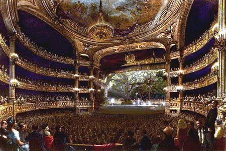 Painting of the Grande Salle of the theatre during a performance of a ballet (1864)