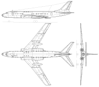 vue du dessus, de profil et de face du Tu-104.