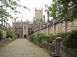 Vicar's Close, een straat met de kathedraal van Wells in de achtergrond.