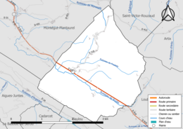 Carte en couleur présentant le réseau hydrographique de la commune