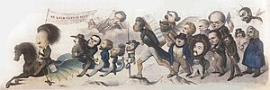 Victor Hugo à la tête de l’armée romantique. Le Grand chemin de la postérité, caricature de Benjamin Roubaud (1842)