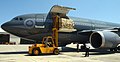 United States Navy personnel unloads relief supplies from a Canadian CC-150 Polaris in Pensacola, Florida.